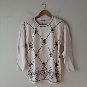 Cezanne Cotton Blend Gold Sequin Black Bead IBeige Long Sleeve Sweater Siz Small